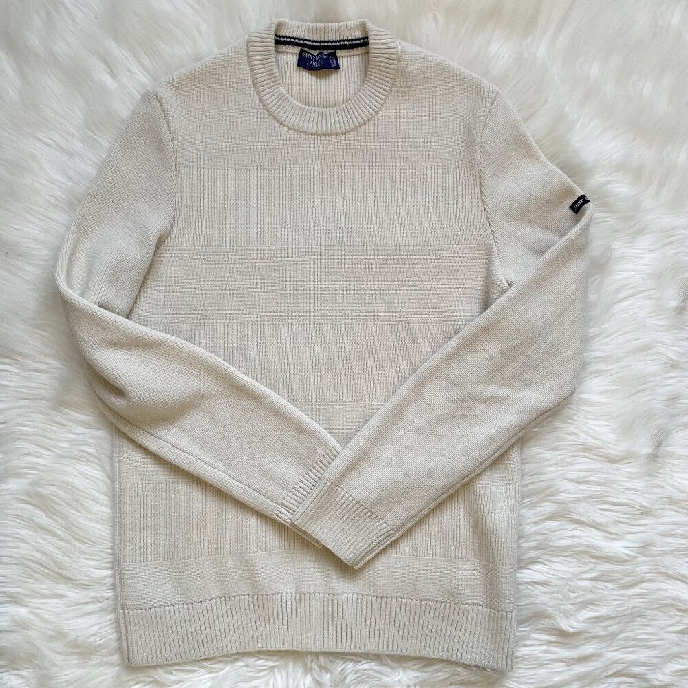 Saint James Atelier White Cream Wool Micro Stripe Crewneck Fisherman Sweater